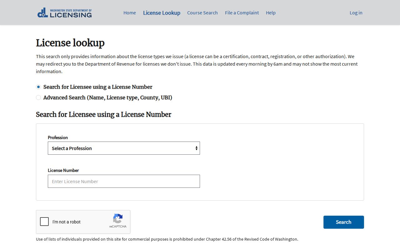 Pullman people search in Washington professional license records