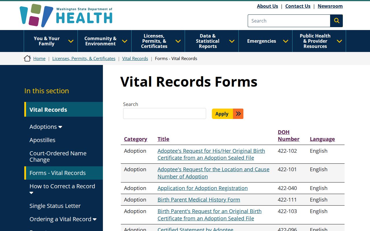 Pullman public records vital certificate application list from Washington health officials